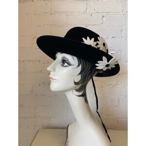 vintage 1960s Adolfo black wool wide brim hat with daisies 60s designer mod